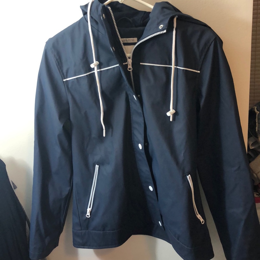 Navy blue hooded rain coat